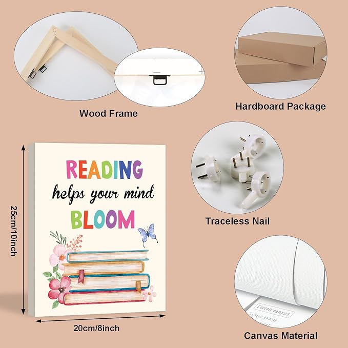 HOURIA 6Pcs Framed Classroom Reading Corner Canvas Wall Art(8"x10"),Inspirational Classroom Library Poster Wall Decor, So Many Books So Little Time Art Print for Nursery Middle School Student