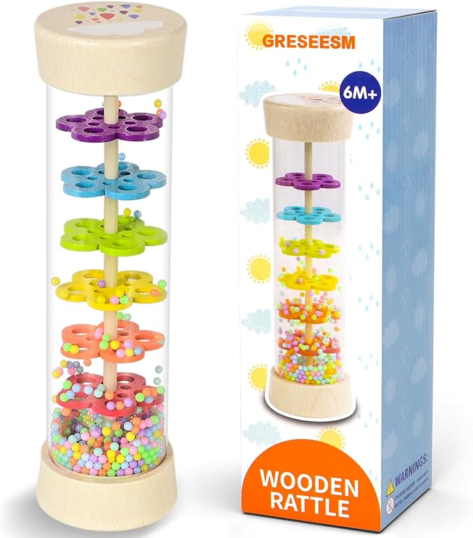 Rain Stick Montessori Baby Toys for 6-12 Months 1 Year Old, Wooden Rainmaker Infant Musical Sensory Toy, Baby Shower Gift for Newborn Toddler Boys Girls, 7.7"