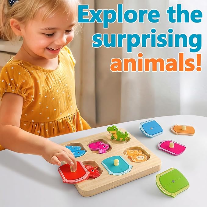 Wooden Animal Peg Puzzle : Baby Puzzles 12-18 Months, Montessori Baby Toys for 1 Year Old, Preschool Learning Activities for Toddlers 1-3, Christmas Birthday Gifts for Boys, Girls