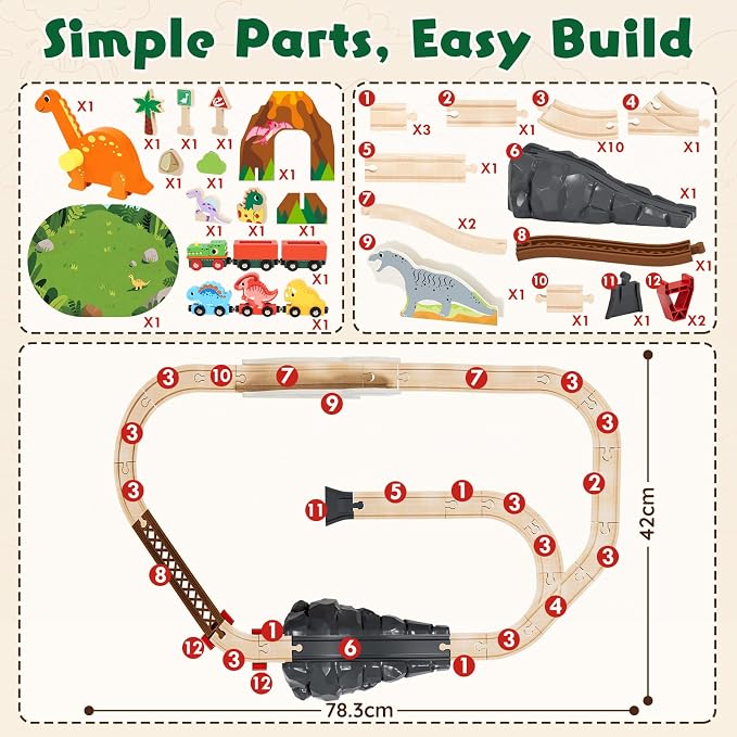 Lehoo Castle Dinosaur Wooden Train Set for Kids Ages 3-7 | Wooden Train Track Set with Dinosaur Crane, Compatible with Most Wooden Tracks, Birthday Gift for Boys and Girls