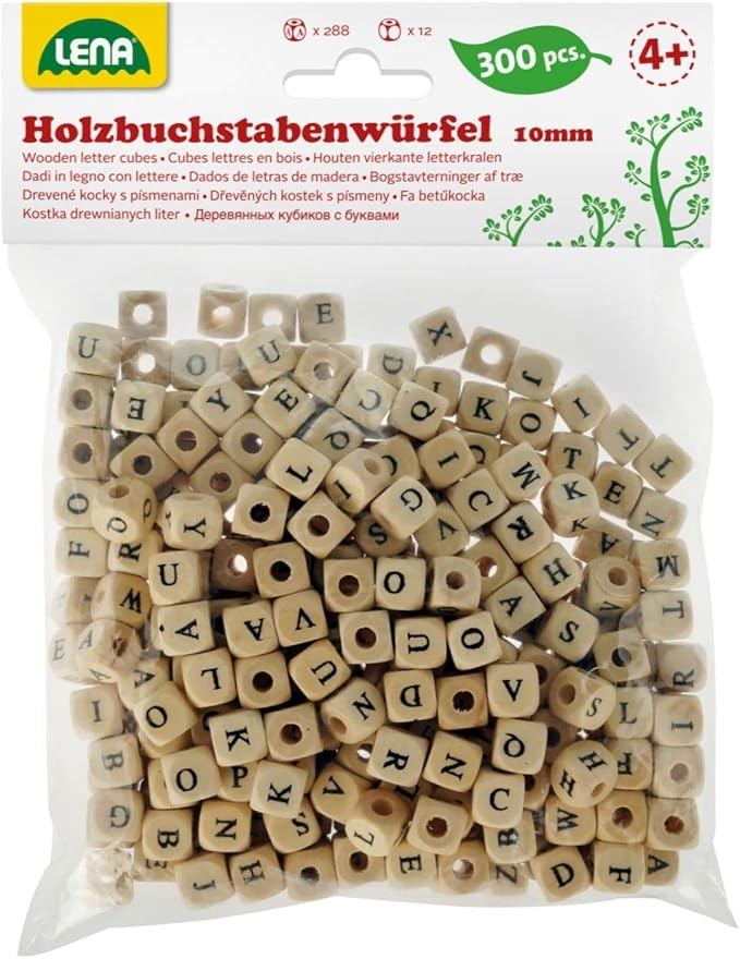 Lena 32005 Craft ABC-Cubes, 300 Cubical Threading Letters, Wooden Children from The Age of 3. Bead Set for Making Your own Jewellery, Wood-Coloured