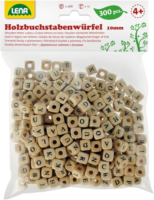 Lena 32005 Craft ABC-Cubes, 300 Cubical Threading Letters, Wooden Children from The Age of 3. Bead Set for Making Your own Jewellery, Wood-Coloured