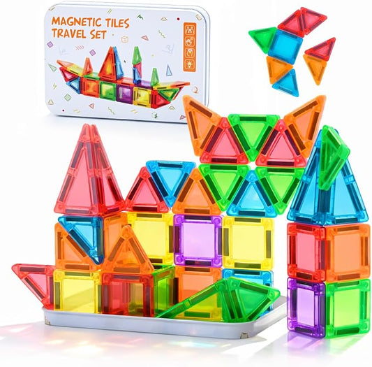 MAGBLOCK 48PCS Mini Magnetic Tiles with Storage Box for Kids 3+ | Travel Size Toys Magnetic Building Blocks Set, STEM Sensory Montessori Toys for Road Trip Essentials Airplane Car Activities