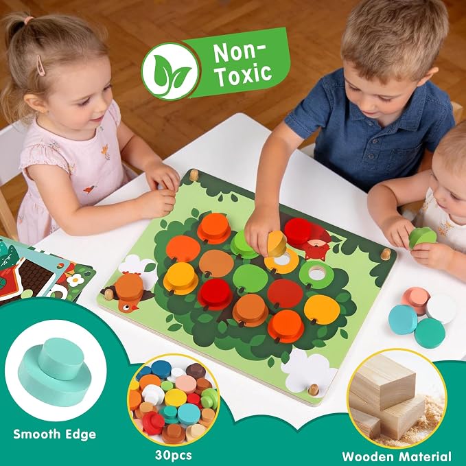 Button Art Toys for Toddlers, Mosaic Peg Board Toddler Color Matching Game | Wooden Puzzles for Toddlers 3-5, Color Matching Mosaic Pegboard with 30Button & 16Card Learning Resources Gift for Boys Girls