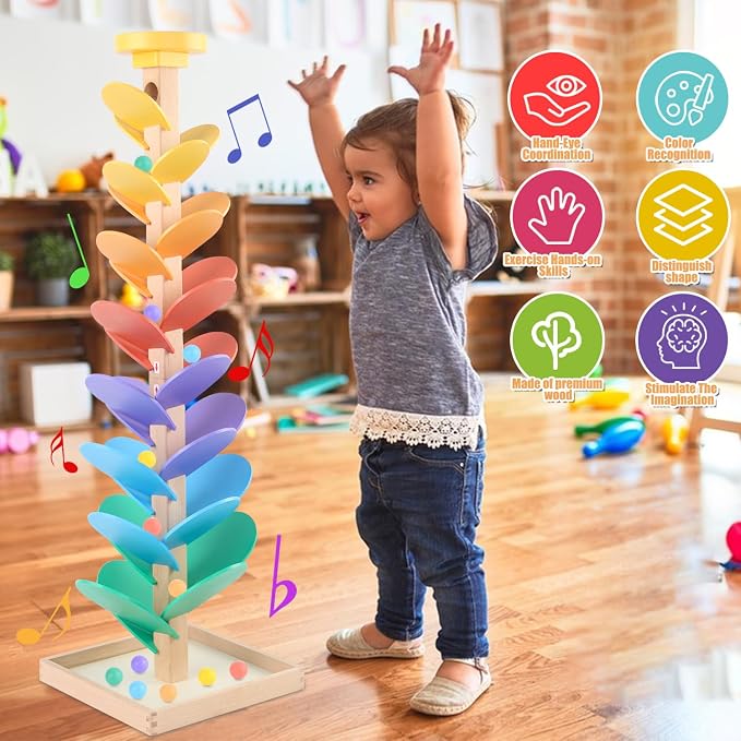 Wooden Marble Run for Kids 4-8 Music Tree Montessori Color Sorting Toys 3-5 | Wood Music Tree Toys Marble Ball Run Boys Girls Learning Color Sorting Game Birthday Gift
