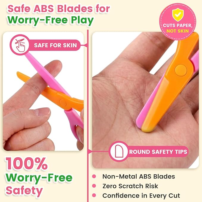 Koogel Toddler Scissors Practice Kit, 2 Safety Scissors & 120 Craft Papers | Ages 3+, Blunt Tip, Cutting for Early Preschool Development Tools, Hand-Eye Coordination, Learn to Cut Line Skill
