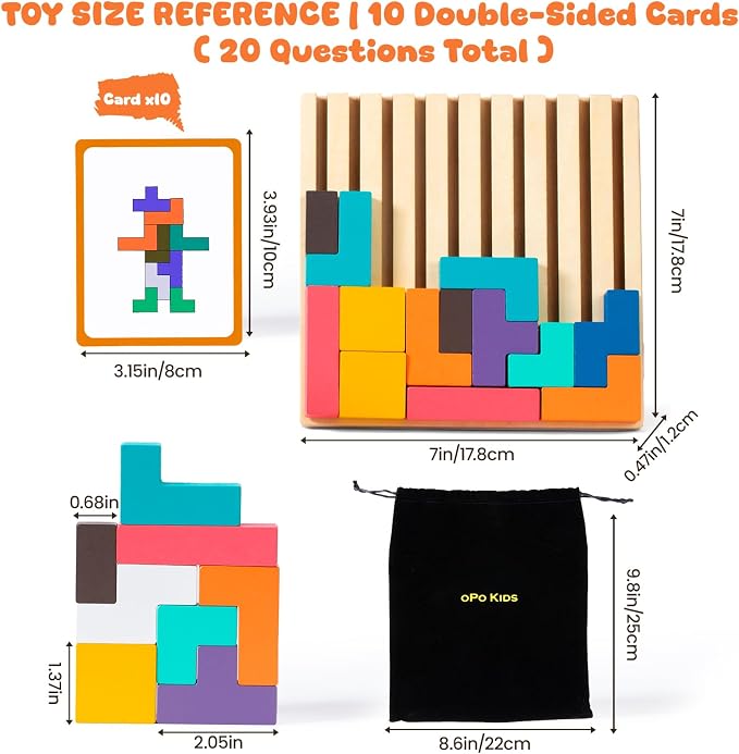 Wooden Colored 3D Russian Block Puzzle Travel Toy, Montessori Educational Gift for Kids Ages 3–6 with 28 Wood Blocks & Storage Bag, Wooden Stacking Puzzle Toy (Travel Size)