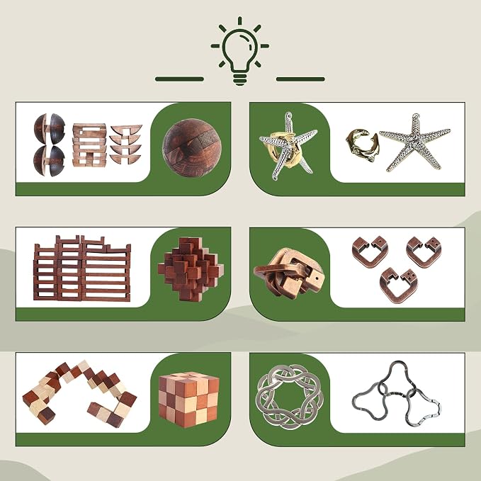 Puzzles Toys Brain Teaser Puzzles 12pcs Ring Puzzles Metal Wooden Puzzles Logic Lock for Adults Kids Toy Gift for Teens