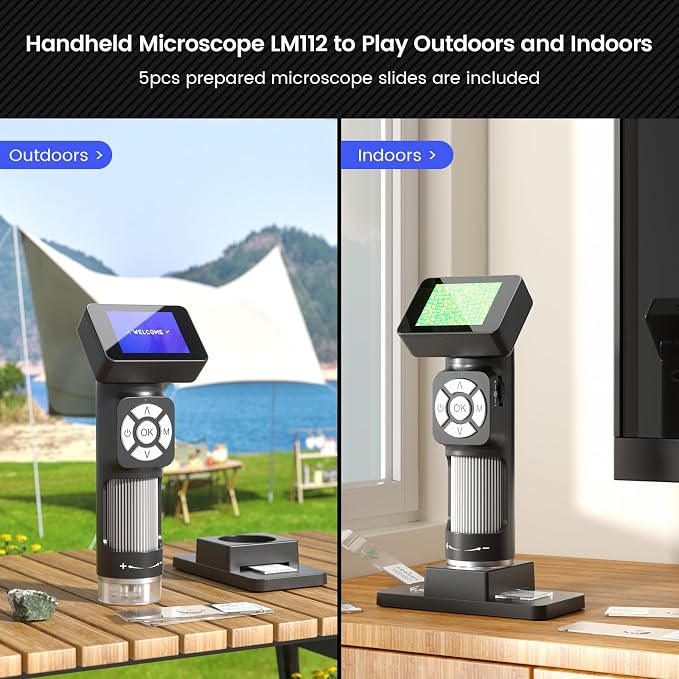 LM112 Microscope for Kids Adults Handheld with 2" Screen, 500X Portable Microscope Kit with Case, USB Magnifier with 8 LED Light, 5pcs Biological Slides, 32G