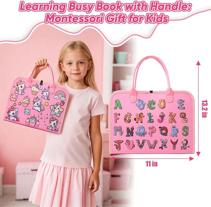 Unicorn Busy Book for Toddlers Ages 1-3, Educational Montessori Toys | 8-in-1 Educational Activity Board Sensory Travel Toy