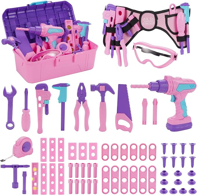 Kids Tool Set, 67 PCS Pink Kids Tool Box for Girls, Electronic Toy Drill&Tape Measure, Pretend Play Girls Toys Construction Tools Kit & Belt, Christmas Birthday Gift Ideas Tool Set Age 3 4 5+