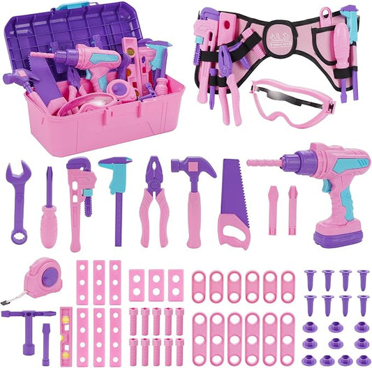 Kids Tool Set, 67 PCS Pink Kids Tool Box for Girls, Electronic Toy Drill&Tape Measure, Pretend Play Girls Toys Construction Tools Kit & Belt, Christmas Birthday Gift Ideas Tool Set Age 3 4 5+