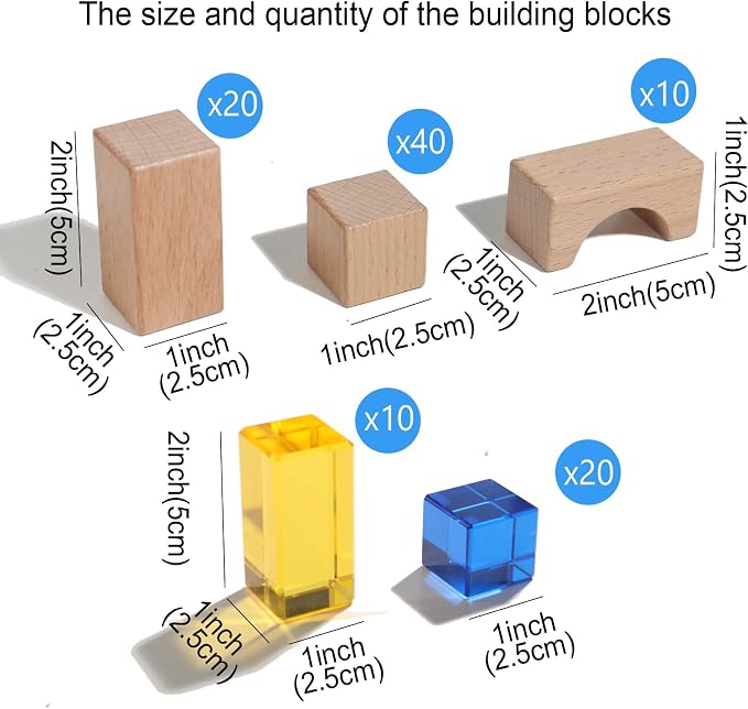 Dinhon 100Pcs Wooden & Transparent Acrylic Building Blocks Set, Beech Wood Stacking Blocks with Storage Bag, Sensory Light Construction Toy, Montessori Educational Gift for Toddler Kids 2-6 Years Old