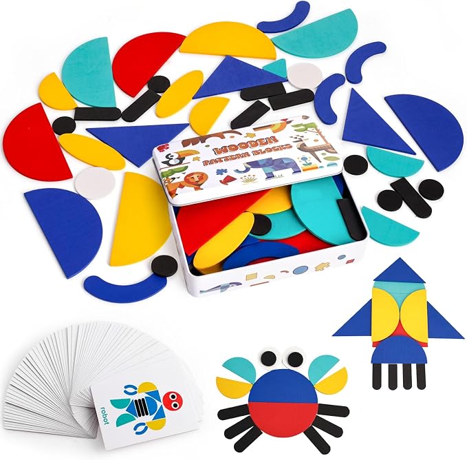 LovesTown Pattern Blocks with Iron Box, Wooden, 96pcs | for Kids 3+, Montessori Learning Toys, Indoor Recess Activities, No-Screen Quiet Play