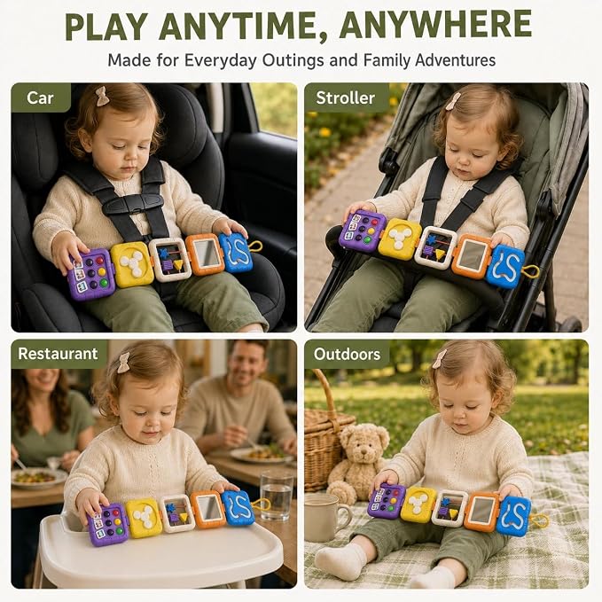 Busy Board for 1 Year Old, Travel Toys for Toddler 1-3 on Plane Car, Montessori Busy Board Busy Cube, Toys for 1 Year Old Boy Girl, Stocking Stuffers for Toddler (Purple)