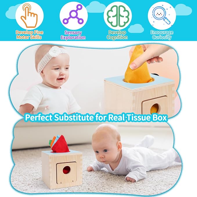 FCSONU Wooden Baby Tissue Box Toy, Sensory Montessori Baby Toy 0-6-12 Month | Toddler Wooden Baby Sensory Toys for Educational Learning with Cloth Tissues, Boys Girls Birthday Gifts Christmas 9-18 Months