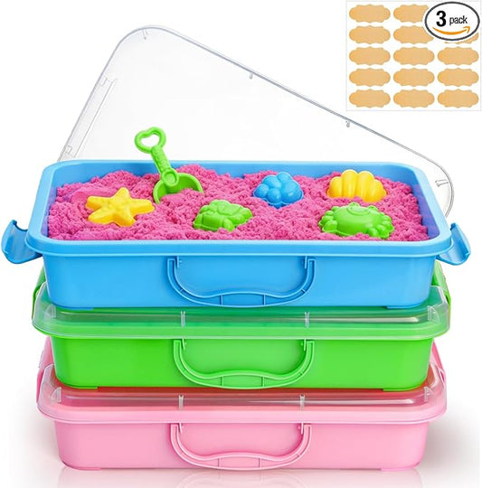 3 Pack Plastic Sensory Bins with Handle, 15 Stickers | Portable Clear Lid Sandbox Container, Large Sand Water Play Tray Crafts Organizers for Sand, Water, Beads