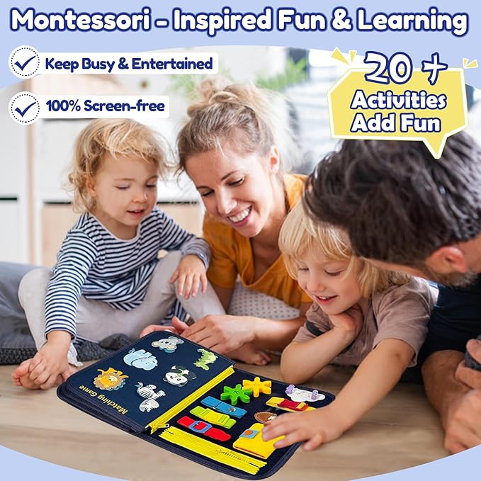 Toddler Busy Board Montessori Toys – Sensory Busy Book, Educational Learning Travel Toy for Airplane & Car, Keeps Toddlers Entertained, Birthday Gifts for Toddler Boys Girls (Blue/P8)