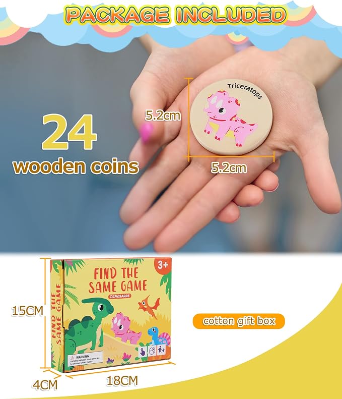 Wooden Memory Game for Kids, 24 Dinosaur Matching Cards | Educational Preschool Toy with Smooth-Edged Tiles Develops Focus, Recall and Visual Recognition for Classroom and Family Play