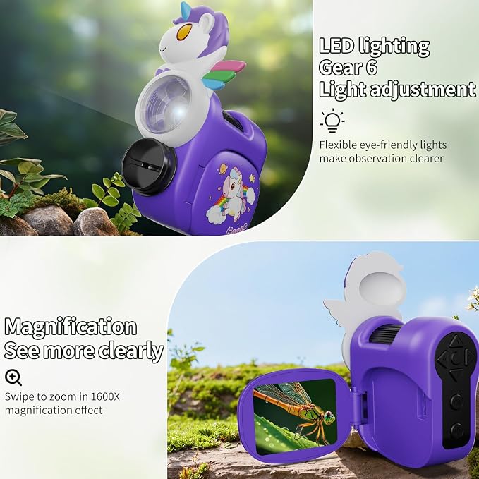 1600X Handheld Microscope for Kids 2" IPS Screen Kit Mini Pocket Digital Microscopes STEM Science with Slides Photo Video Rechargeable Portable Scope Gift for Ages 6-12 (Purple)