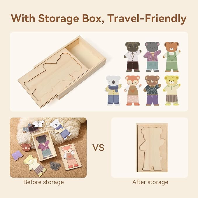 Wooden Animal Dress-Up Puzzle for Ages 3+, 21 Mix-and-Match Pieces with Storage Box, Montessori Matching Toy for Fine Motor Skills and Imaginative Play, Birthday
