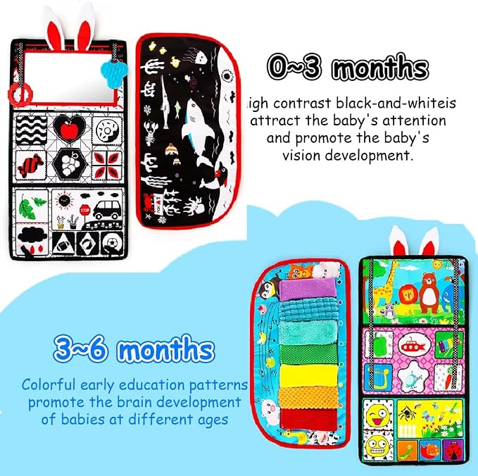 Tummy Time Baby Mirror Toys, Tummy Time Mat, Black and White High Contrast | Tabletop Mount Baby Newborn Toys 0 3 6 Months Brain Development, Sensory Texture Piano Infant Toys 0 3 6 Months with Squeaker