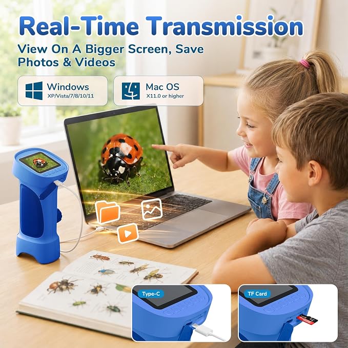 1000X Handheld Digital Microscope for Kids with 2.4" IPS Screen (Blue) | Portable Educational STEM Microscope Toy with Photo/Video, 8 LEDs, Manual Focus, Rechargeable for Ages 4-12 Boys & Girls