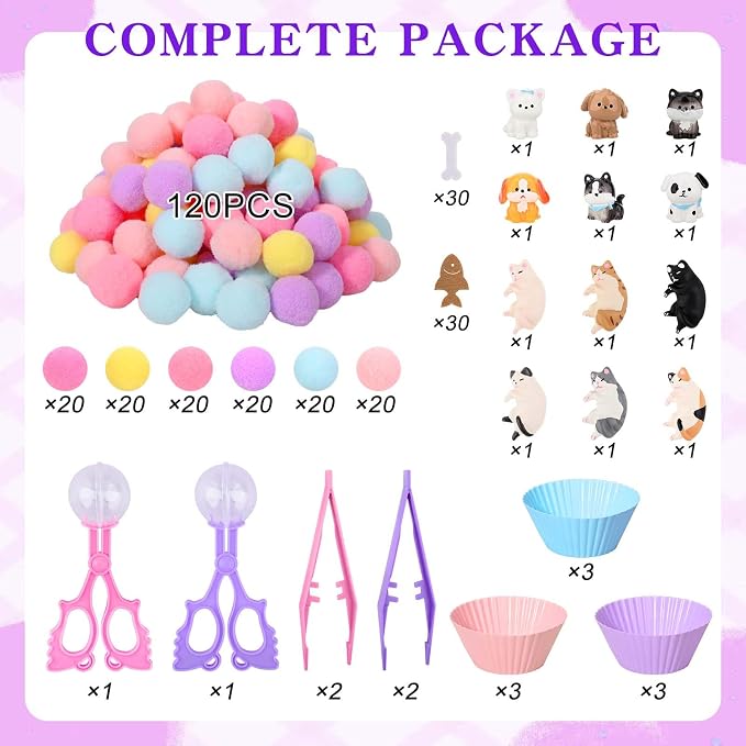 Sanixn 207 Pcs Pet Sensory Bin Fillers Dog and Cat Fine Motor Skills Pet Sensory Bin Item Pompoms Cups Tweezers Scissor Clips for Sorting Counting Fun Activities(Pet)
