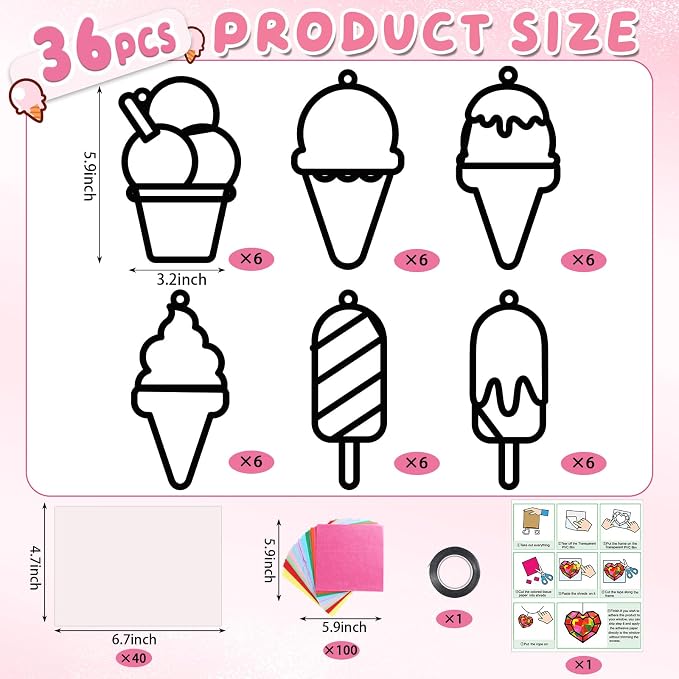Qyeahkj 36 Set Ice Cream Suncatchers Crafts for DIY Dessert Window Tissue Paper Crafts Kit Summer Sweet Suncatcher Hanging Decor for Summer Home Activity Art Project Birthday Party Favor Gift