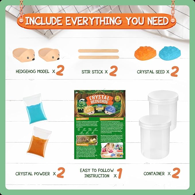 Crystal Growing Kit - 2 Vibrant Hedgehogs Fast 24H, STEM Gift for Kids 6-12 | Grow 2 crystal hedgehogs in 24H. STEM science kit, educational DIY toy. Great birthday gift for boys & girls ages 7-10+