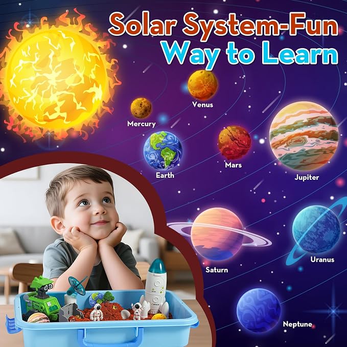 KNASON Outer Space Sensory Bin with Glow in The Dark Alien and Gems for Boy | 2.2lbs Sensory Play Sand Kit, Sandbox with Lid, Planets and Space Toys, Bulldozer, Gift for Kids Ages 3-8, Indoor and Outdoor