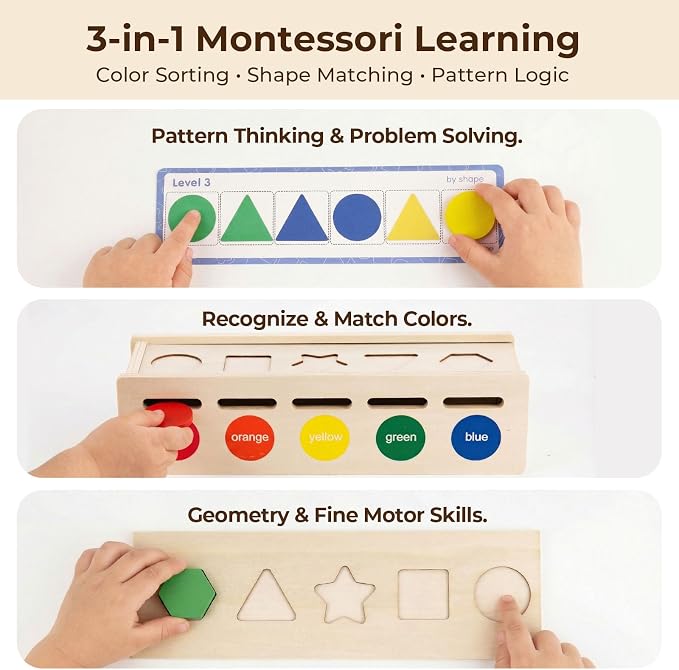 LovesTown 3-in-1 Wooden Shape Color Sorter Box with Logic Cards | Educational Matching Puzzle Game, Fine Motor Skills Development, Montessori Learning, For Toddlers