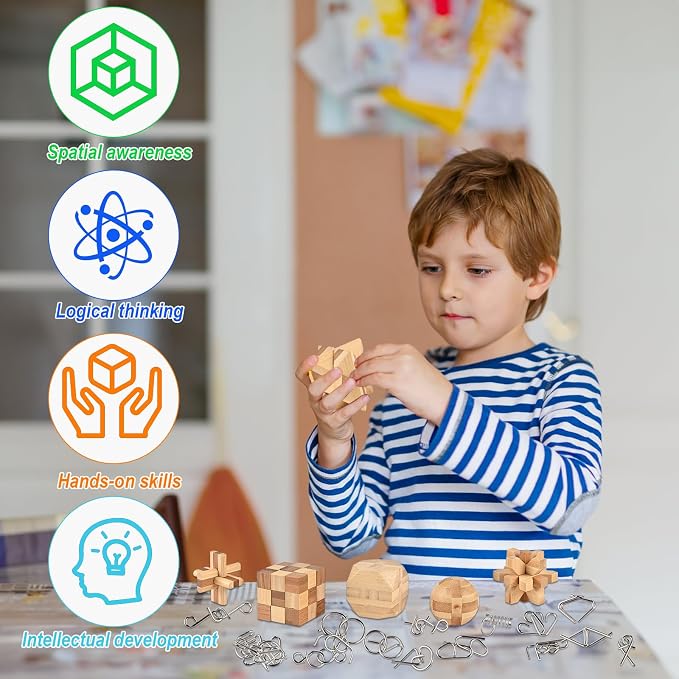 GOLDGE 30pcs Brain Teaser Puzzle Set for Adults & Kids | Wooden & Metal 3D Puzzles, IQ Logic Games for Family, Parties & Coffee Breaks. Unlock & Solve Interlocking Challenges Toy