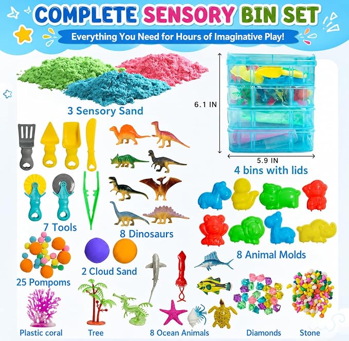 AGENTLAN Dino & Ocean Sensory Sensory Bin with Play Sand | Sensory toy set with dinosaur & ocean figures, supports fine motor skills, for toddlers ages 3+, stackable sandbox play