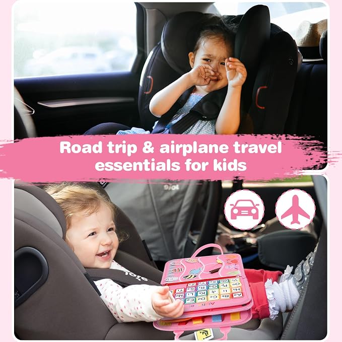 Busy Board, Sensory Board Travel Toys Gifts for Girls Boys, Montessori Toys to Learn Fine Motor Skills, Educational Activities Busy Book for Airplane Car (Pink)