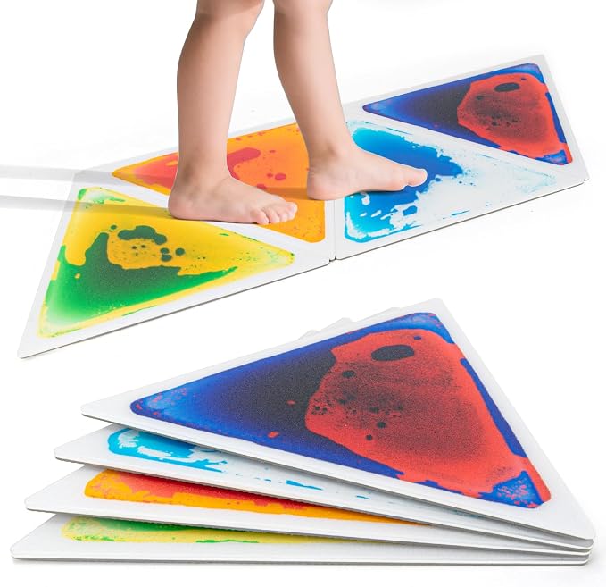 LONGKING 4-Sheet Liquid Triangle Sensory Tiles, Colorful Floor Tile for Play Centers, Playroom, Lava Tiles, 12.7" x 14.7" | Sensory floor tiles, soft liquid gel, 12.7"x14.7", color movement play mat, playroom classroom daycare, 4-sheet