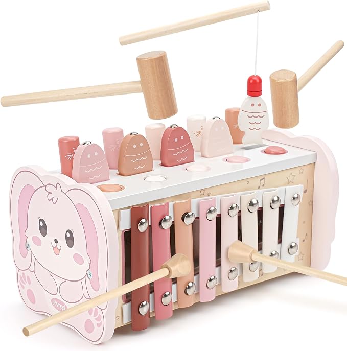 Joyreal Pink Wooden Montessori Toys for 1 Year Old Hammering Pounding Toys | Xylophone, Fishing Game, Gears, Toddler Learning Activities for Kids, Christmas Birthday Gifts for 1+ 2 3 Year Old Girls