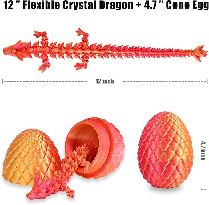 12" 3D Printed Dragon Eggs with Dragon, Articulated 3D Fidget Toys for Kids | Crystal 3D Dragon Toys for Boys Girls, Small 3d Printed Animals, Dino Dinosaur Eggs Toys, Easter Basket Stuffers（Red Gold）
