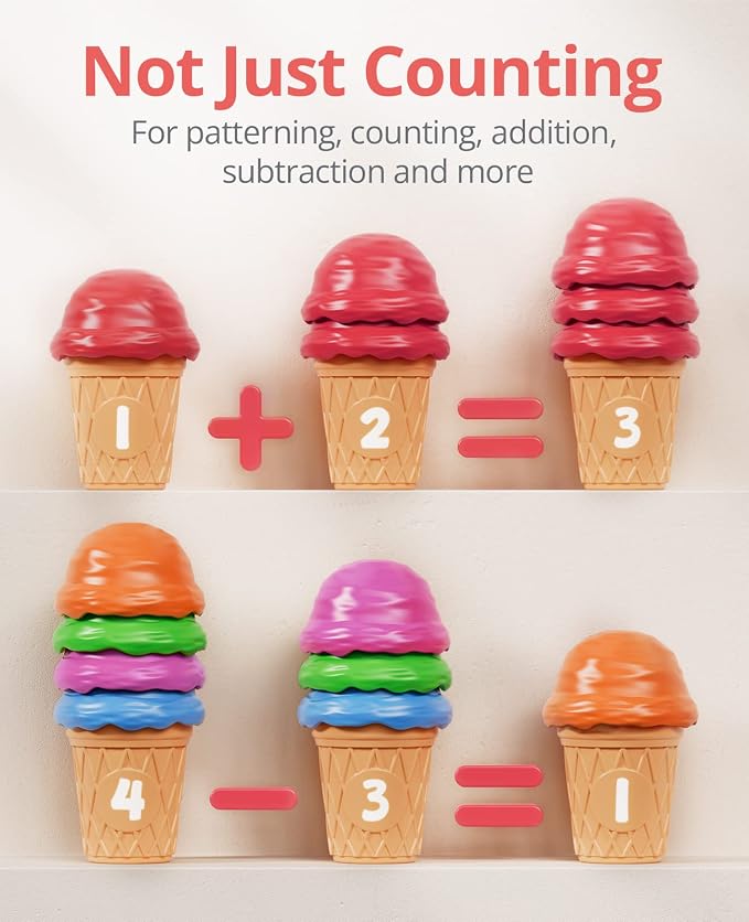 JoyCat Ice Cream Preschool Learning Activities Counting and Color Sorting Set Stacking Toys for Kids 3-5, Educational Fine Motor Skills Toys, 65PCS Math Manipulatives | Stack scoops, match colors and serve pretend ice cream while practicing counting an...