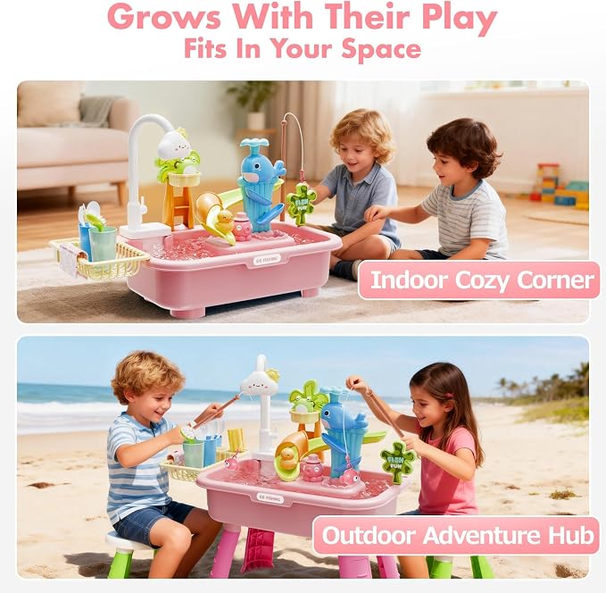 Water Table for Toddlers 1-3 Fishing & Sink Pink | Kids Sand Water, 43 Accessories 4L Basin, Fishing & Kitchen Sink Play. Perfect Summer Gift for Kids Ages 3-8