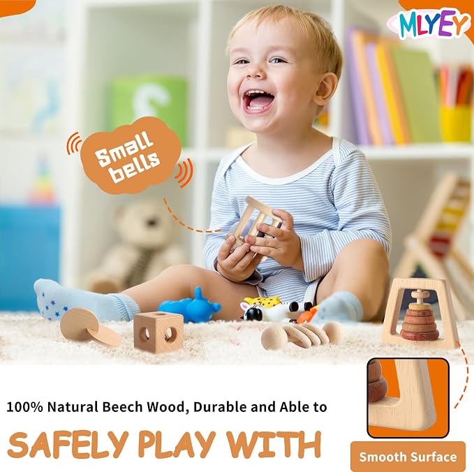 Wooden Rattles for Baby, 7PCS Wooden Montessori Toys for 7-24 Months Baby Boy Girl, Natural Beech Wood Grasping Toy, Gift for Babies