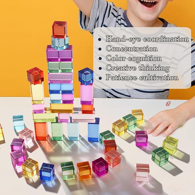 30 Pcs Mixed Acrylic Blocks Set - 10 Long (2.5x2.5x5CM) + 20 Cube (2.5x2.5x2.5CM) Rainbow Gem Blocks, Sensory Stacking Toy for 1 2 3 4 Years Old, Boys Girls Gift with Rich Building Possibilities