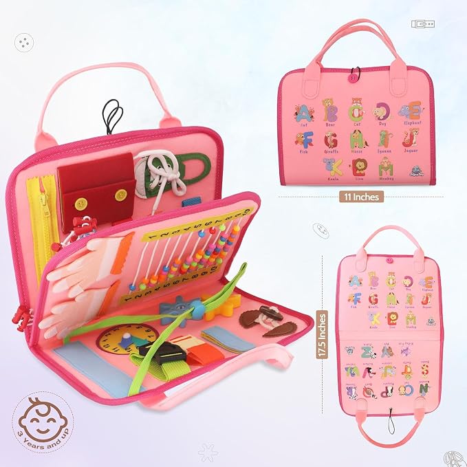 Montessori Busy Book for Toddlers, Pink Busy Board Book. Ages 3+ | Toddler Activity Books for Home, Airplane and Car Travel. Soft Felt No Loose Pieces. Toddler Busy Books With Detachable Pages