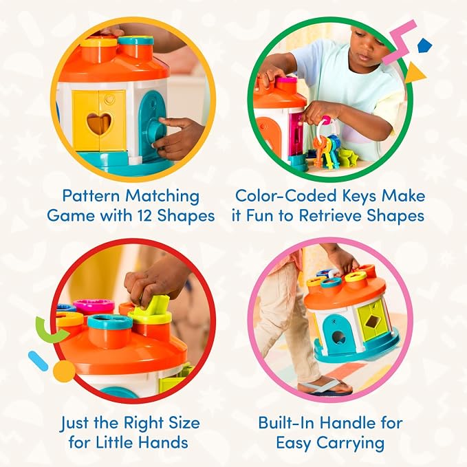 Battat Color Sorting Toy with Keys and Storage, Toddler, 14-Piece Set | Take-along shape sorting house with 12 different shapes, color-coded keys, carry handle, and storage inside, 2+ Years