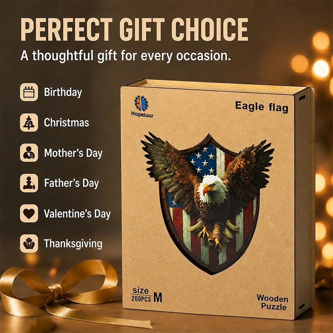 USA 250th Anniversary Wooden Puzzle for Adults, 200pcs American Eagle Puzzle Wooden Jigsaw Puzzle for Adults, Irregular Unique Shaped Wood Puzzle, Challenging Puzzle Gifts for Men & Veterans
