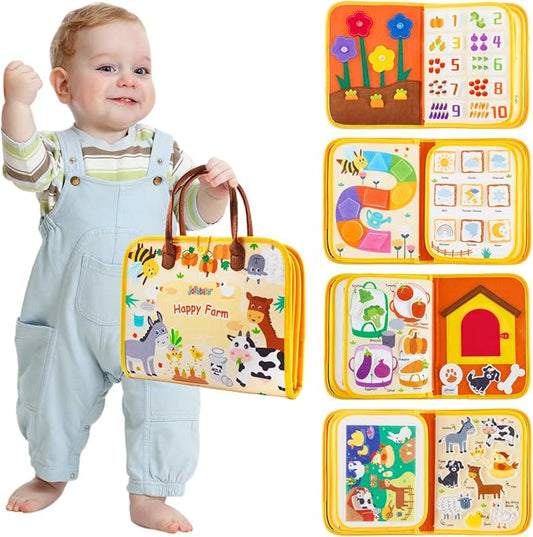 Jollybaby 8 Page Baby Soft Busy Books Sorting & Stacking Toys, Travel Toy & Montessori Sensory Educational, Preschool Learning Activities Toy for 1 2 3 Year Old Toddlers Boy Girl (Happy Farm