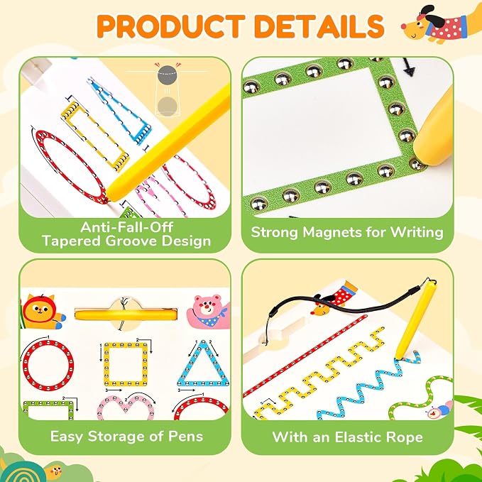 JoyCat Magnetic Animal Shapes and Lines Tracing Board, Pencil Control Toy | 2-in-1 double-sided toy builds pencil control for toddlers; preschool learning and road trip car activities for kids.