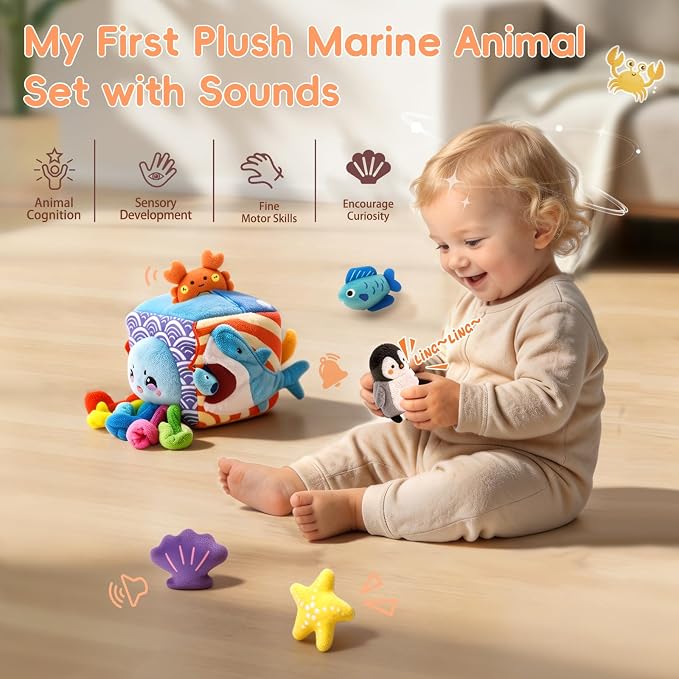 Baby Toys 6-12 Months, Montessori Sensory Toys with 5 Plush Sea Animals | Soft Mystery Box with Crinkle,Squeaky,Rattle & Mirror for Fine Motor Play & Multi-Sensory Learning,Gifts for Infants & Babies