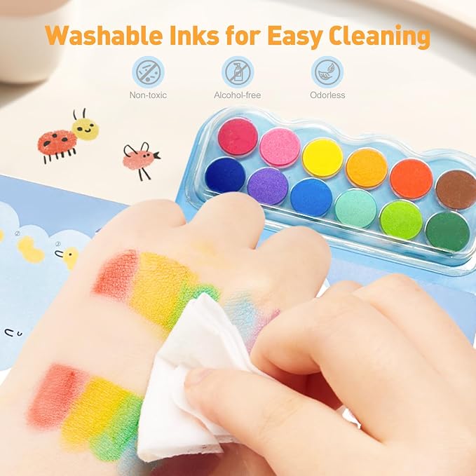 Jar Melo Fingerprint Coloring Book for Kids, 12 Colors Ink Pad Handprint Coloring Book, Preschool Art Learning, Travel Activity for Kids 3+