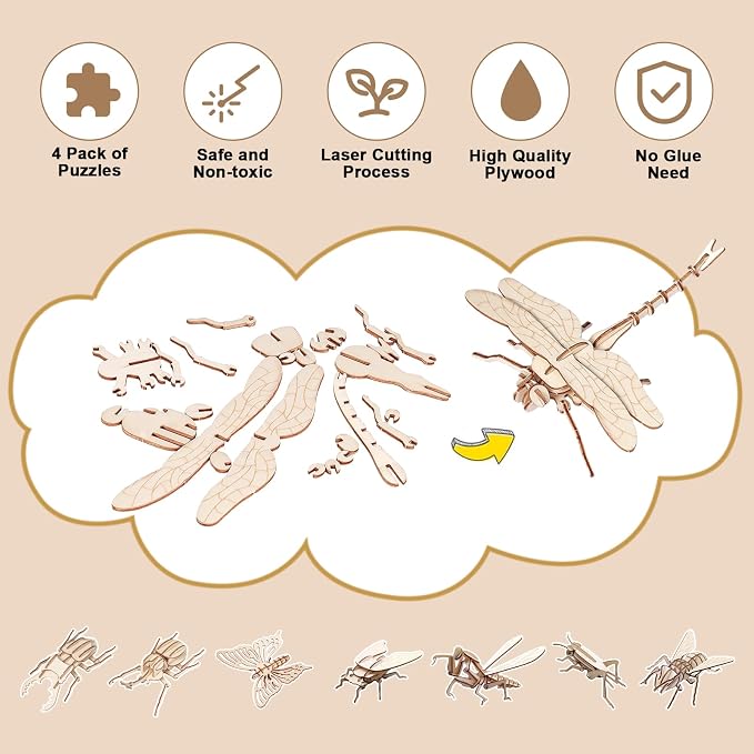 ELX Wooden 3D Puzzles for Kids 6+, 8 Piece Set Insect Animal Models, Wood Building Kits DIY Wooden Crafts Stem Toys peresents for Kids and Adults